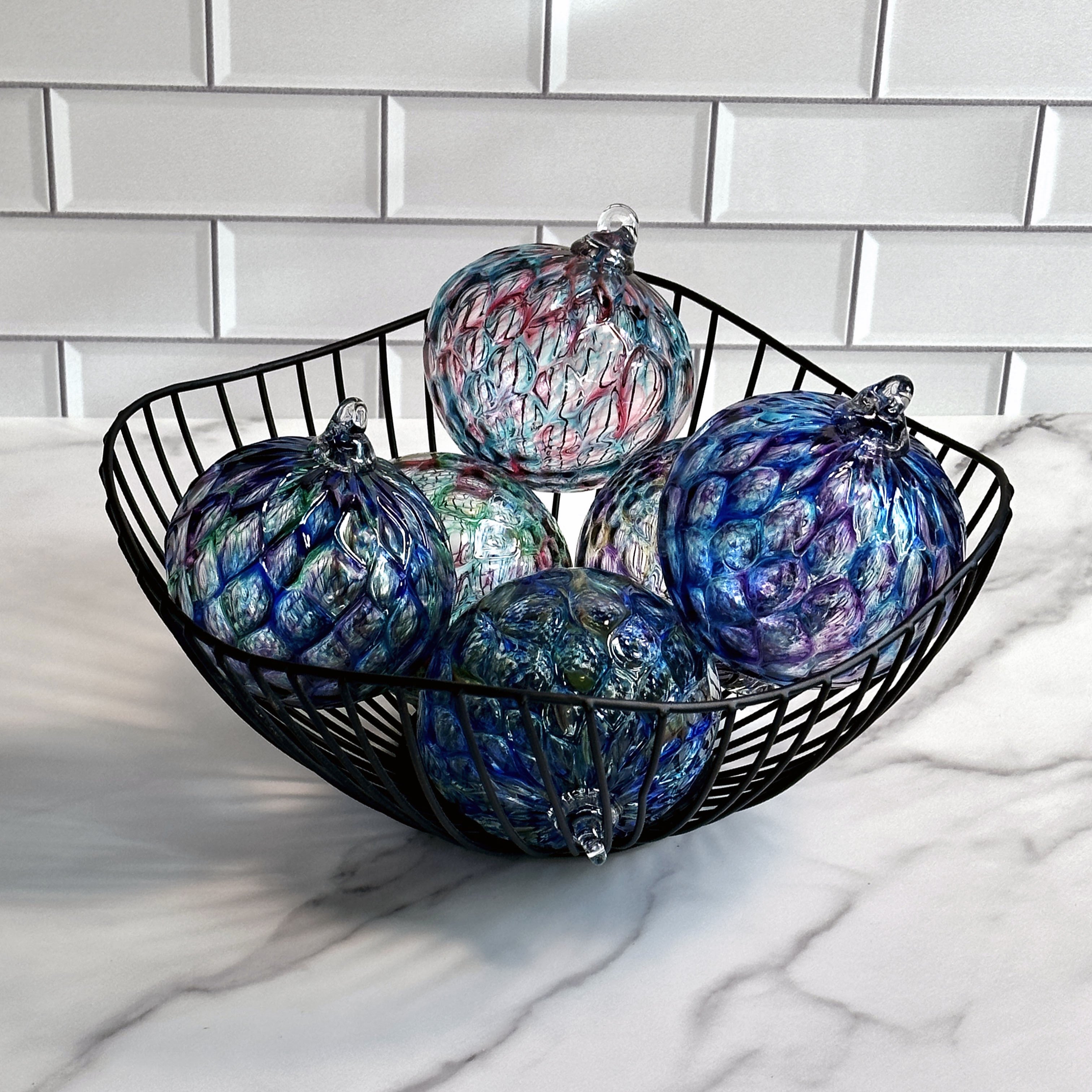 basket of diamond carved hand-blown glass oraments