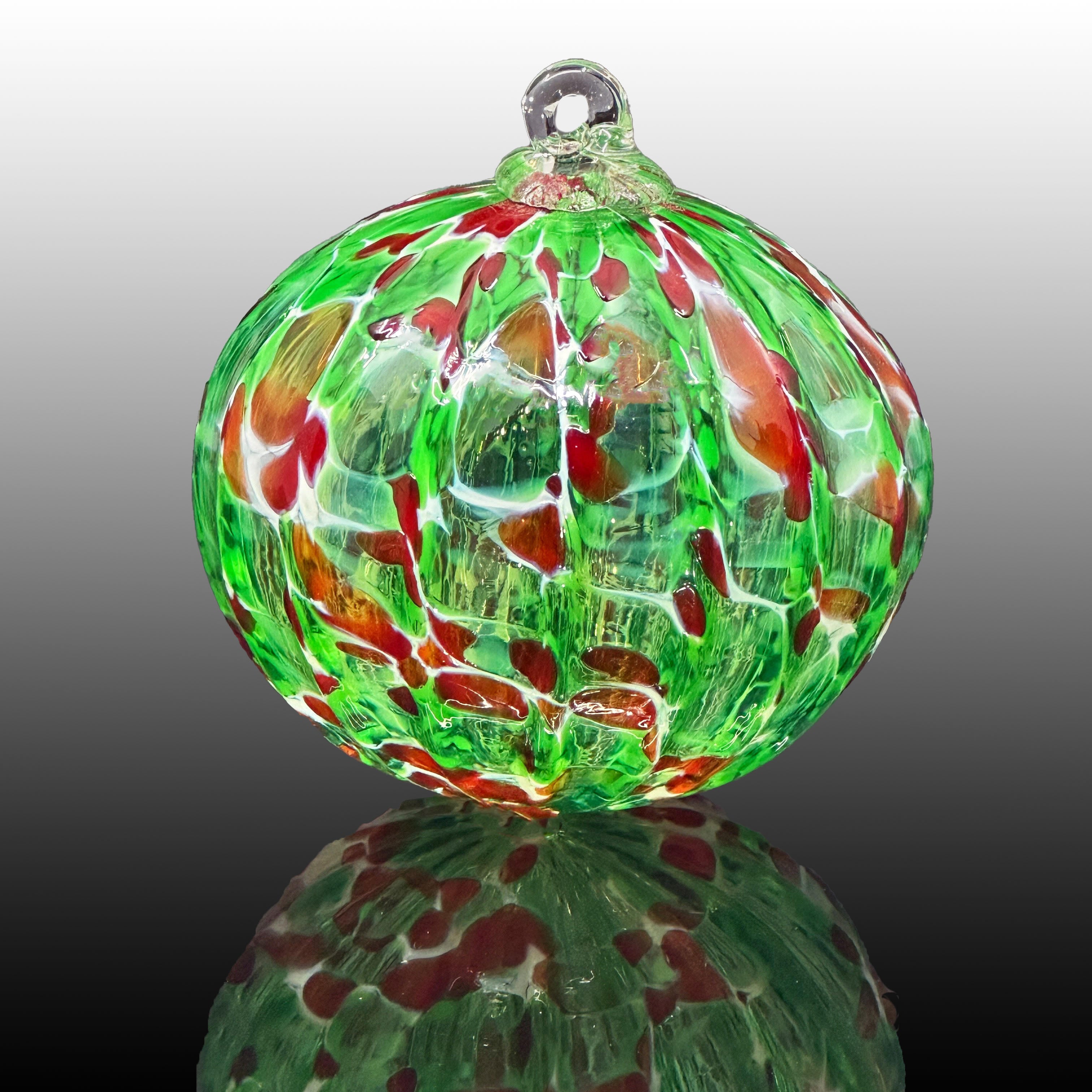 red, white and green ribbed hand-blown glass ornament