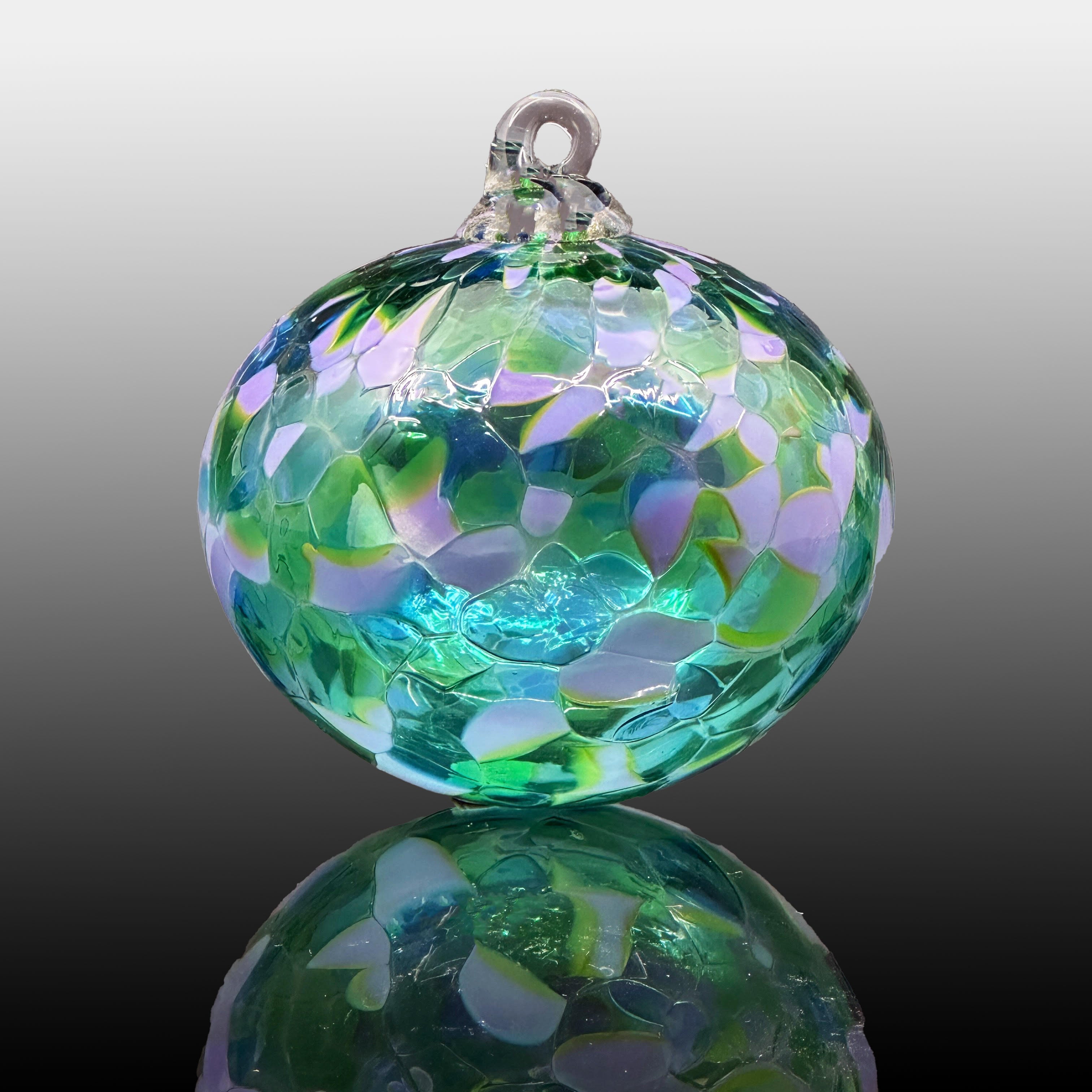 green and lavender round hand-blown glass ornament