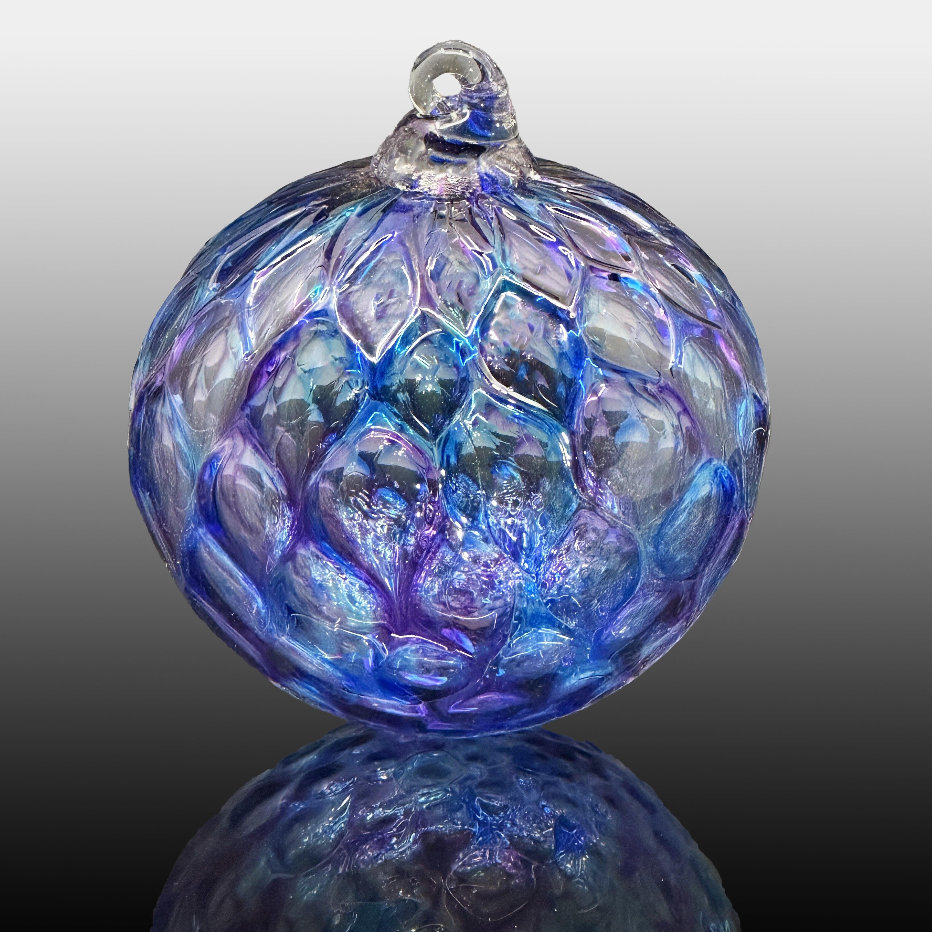 purple and blue diamond carved hand-blown glass ornament