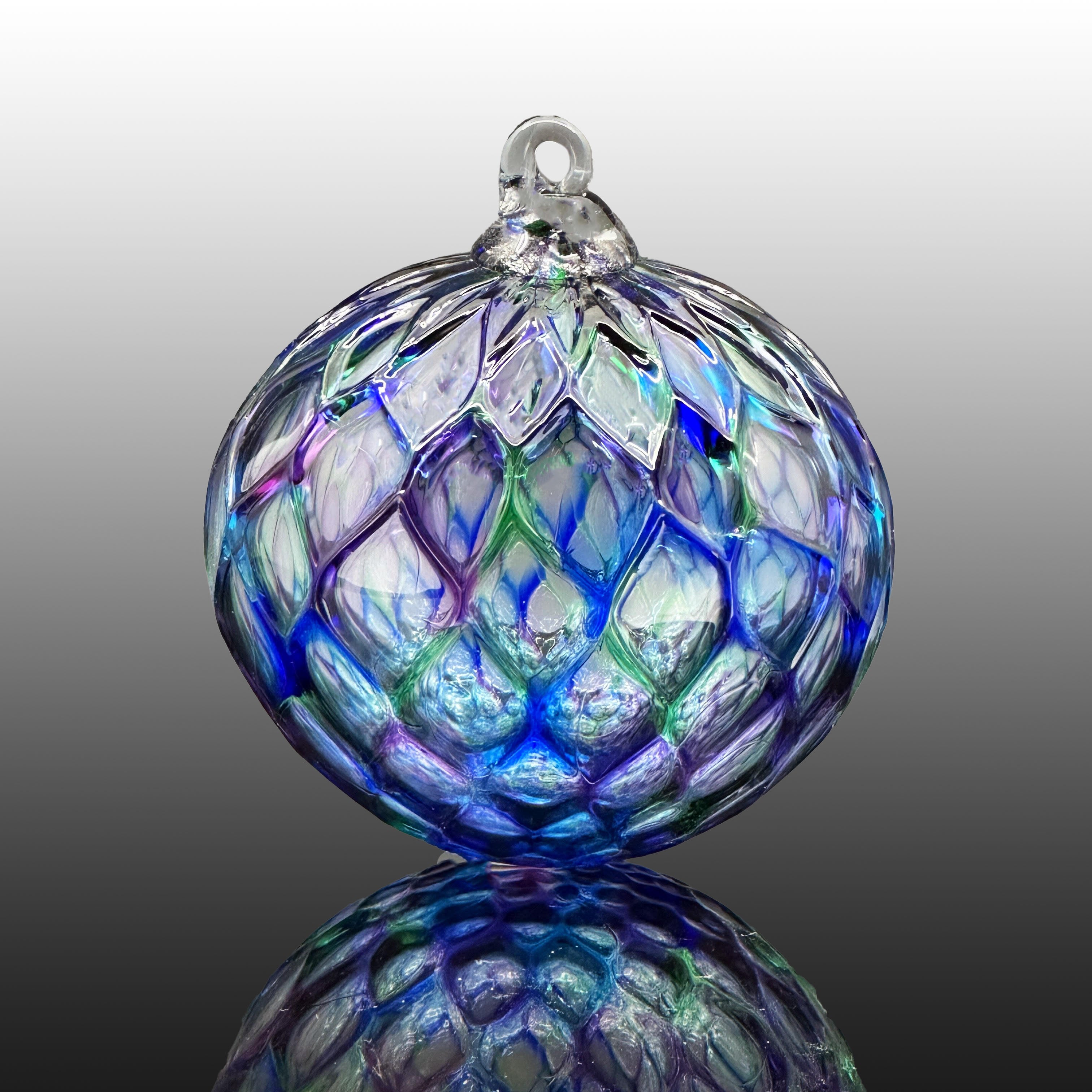 blue, green and purple hand-blown diamond carved glass ornament 